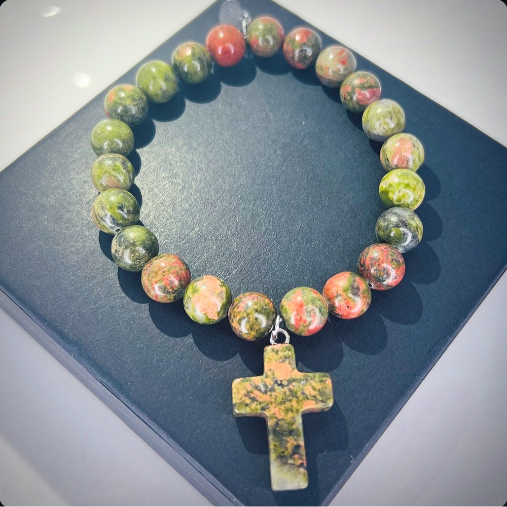 Natural Stone Unakite Bracelet w Cross - Picture 1 of 3